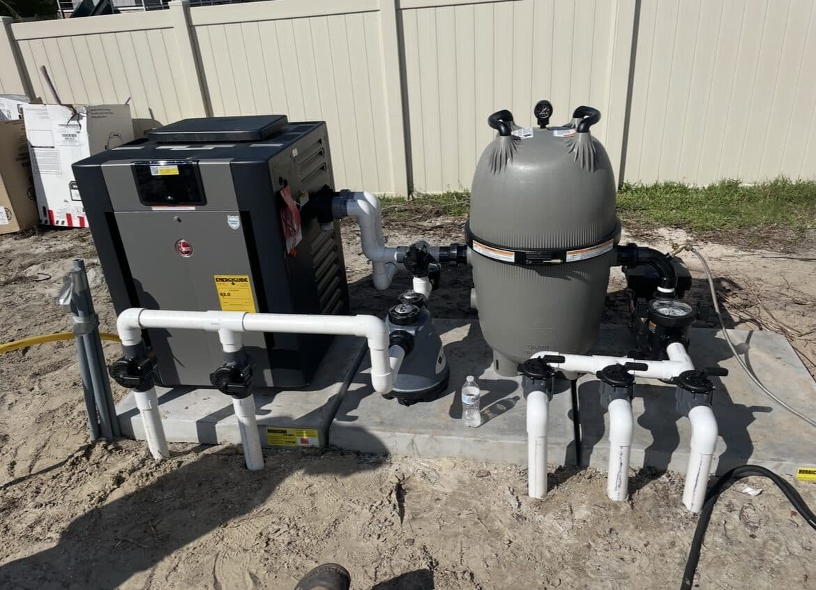 Pool equipment installation including pump and filter and gas heater