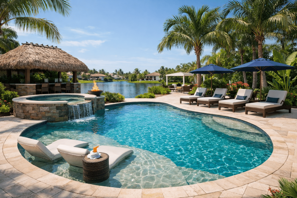 florida swimming pool build with raised spa