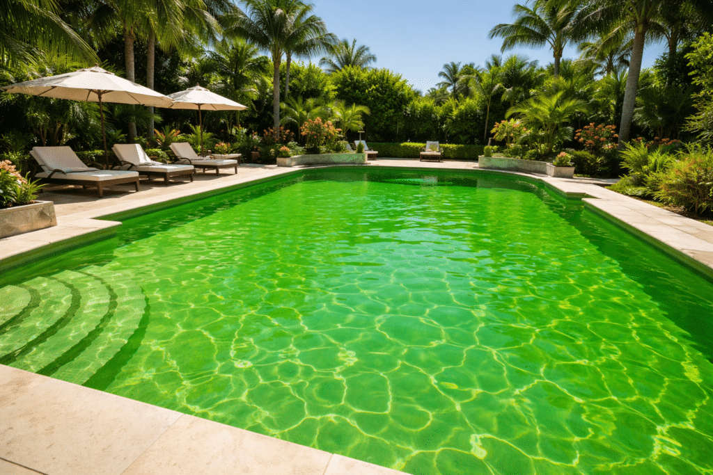 Green pool before professional cleanup