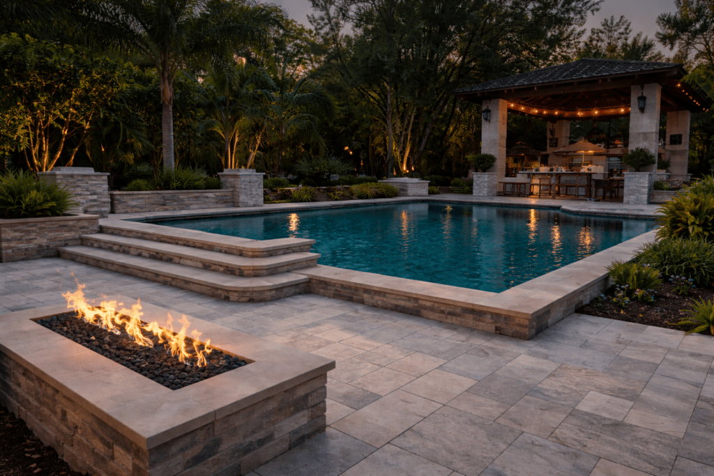 Custom residential swimming pool in florida with fire pit