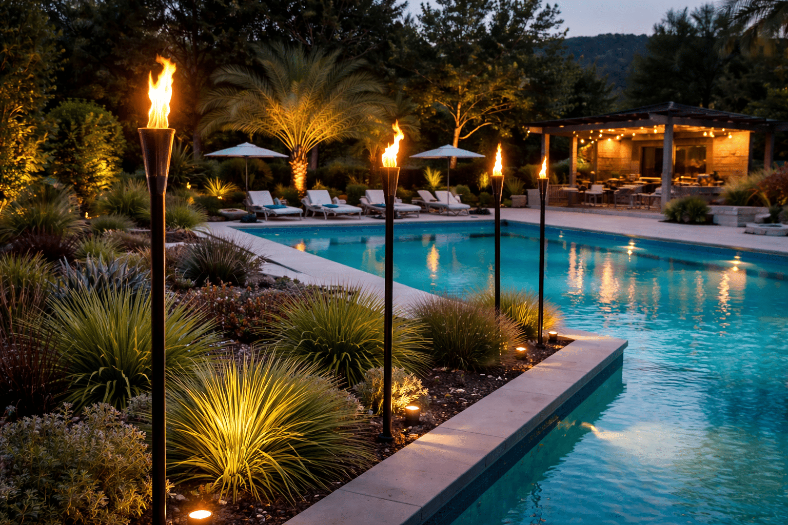 Custom residential swimming pool in florida with fire torches