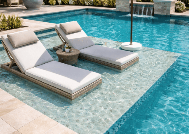 Pool sun shelf and structural seating feature