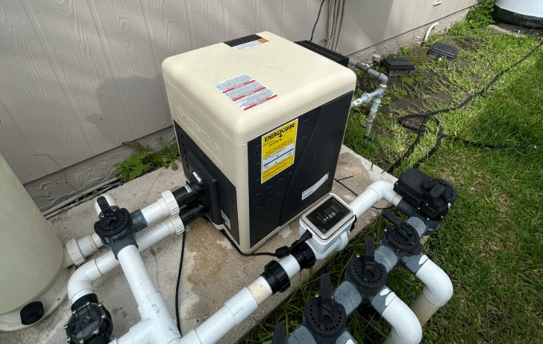 Pool equipment installation including pump and filter and heater