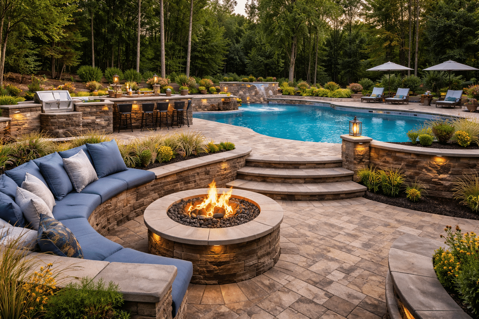 Custom residential swimming pool in florida with fire pit