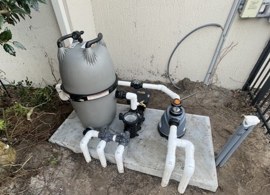 Filter and pump plumbed on a home pool equipment pad